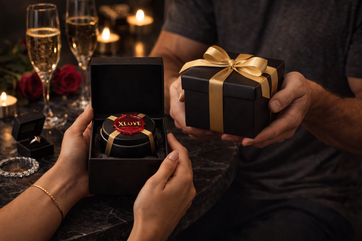 Chocolate afrodisíaco premium para casal em composição elegante